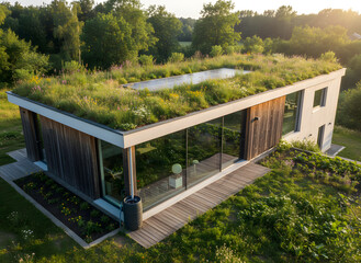 Fototapeta premium Modern sustainable eco house with green wildflower roof