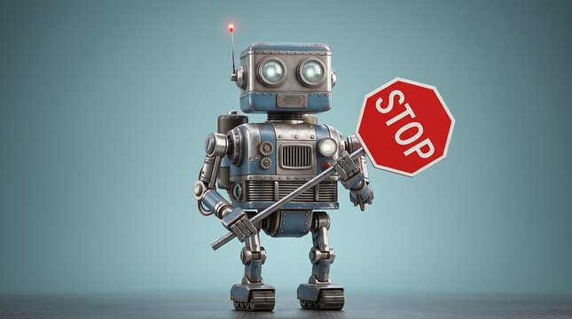 A cute vintage metal toy robot holding a small red stop sign in his hand against a simple light green background