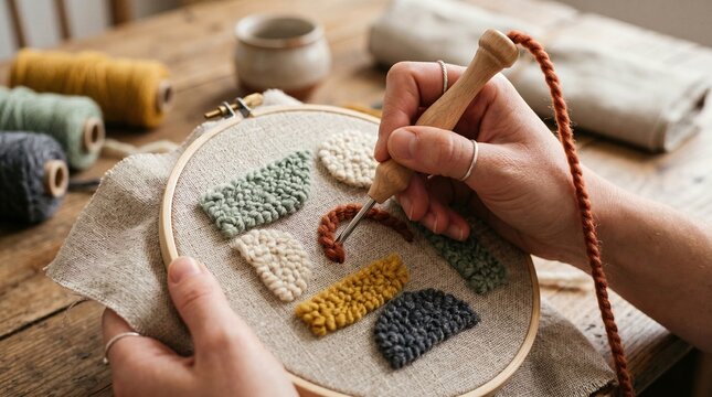 Hands using punch needle tool for modern embroidery craft on linen fabric