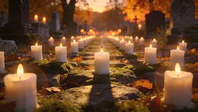 Rows Of Memorial Candles At Cemetery Dusk