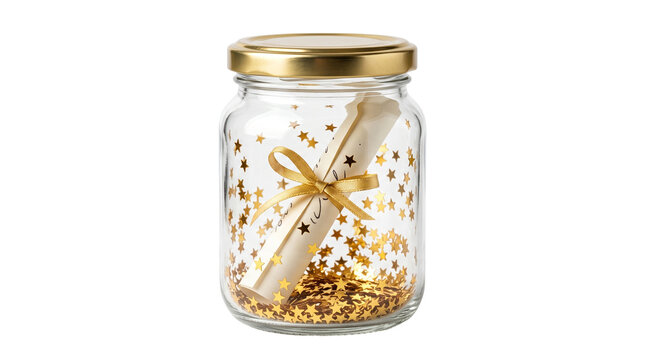 Glass jar filled with golden star confetti and message scroll tied with ribbon