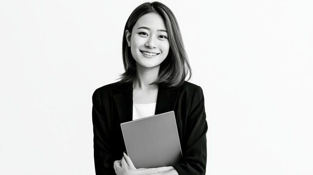 Portrait of a young asian businesswoman holding a tablet computer isolated on white background