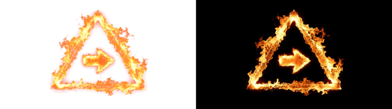 Triangular fire frame with glowing play arrow fire overlay isolated on transparent background