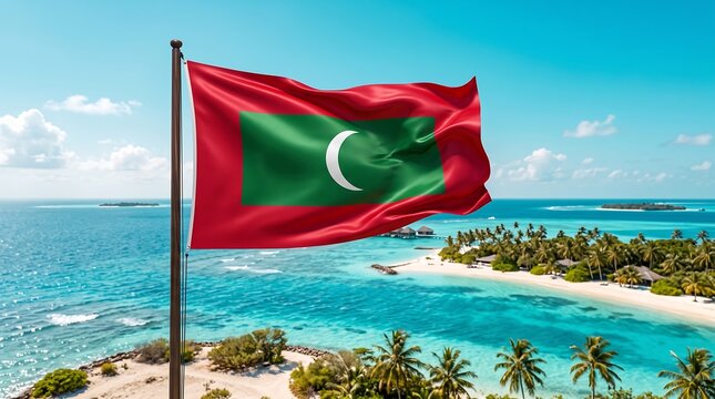 National flag of Maldives waving over a tropical island beach with turquoise ocean water.