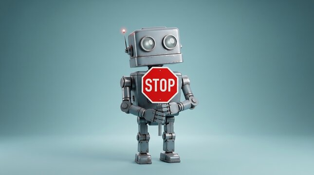 A cute vintage robot holding a red stop sign in his hands as a symbol of warning or restricted access in technology