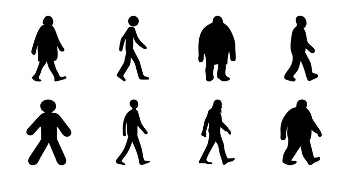 Flat icons of walking people with different body shapes - Set of simple black silhouettes showing people walking in various body types, ideal for diversity and inclusivity stock illustrations.