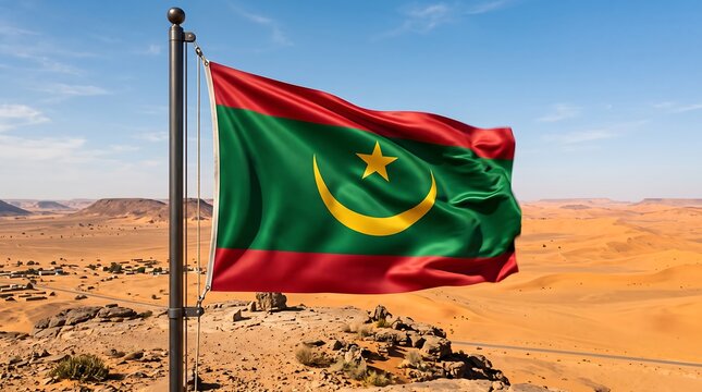 Mauritania flag waving on a flagpole against a vast desert landscape under blue sky.