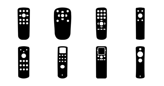 Black remote controls icon set collection - Minimalist black remote controls in a flat design style, perfect for tech, gadget, or home device stock images.