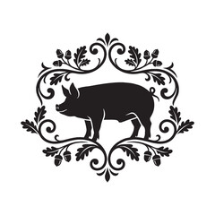 Fototapeta premium Victorian ornamental pig silhouette with flourish filigree and scrollwork frame featuring oak leaves and acorns on a white background.