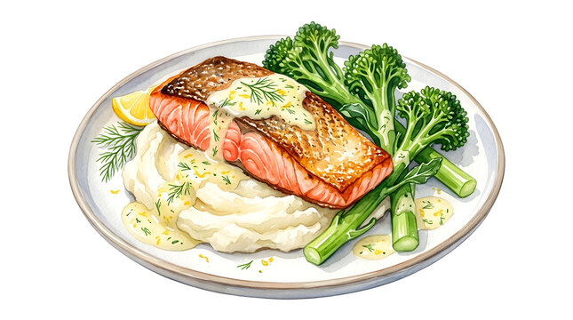 Tasmanian Atlantic Salmon Fillet Broccolini Watercolor Clipart