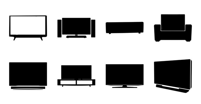 Modern flat pack furniture set with tv stand - Minimalist black and white line icons of a TV, sofa, coffee table, and armchair arranged as a stylish living room furniture set.