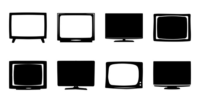 Eight different flat screen tv styles illustration - A clean black and white illustration showcasing eight varied flat screen TV designs and shapes for modern media setups.