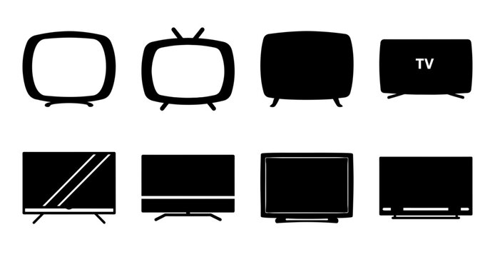 Flat design old and modern tv icons set - Minimalist black and white icons depicting classic and contemporary television styles in a flat design style.