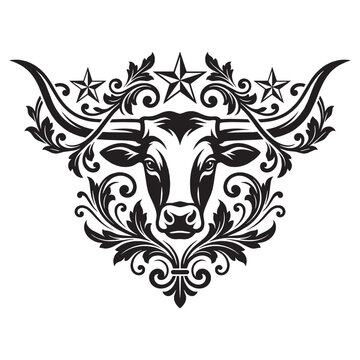 Victorian Style Longhorn Bull Head Illustration with Ornamental Flourish Filigree and Scrollwork