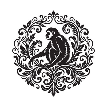 Victorian Ornamental Monkey Illustration with Filigree Flourish and Scrollwork Border, Black and White Circular Primate Graphic Design