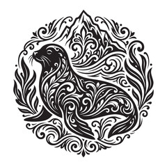 Obraz premium Victorian Style Ornamental Seal Illustration with Intricate Filigree and Flourish Scrollwork Patterns, Circular Nature Emblem featuring Mountain and Ocean Waves