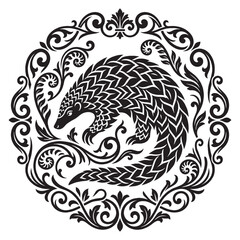 Obraz premium Ornate Victorian Pangolin Vector Illustration with Filigree Flourish and Ornamental Scrollwork Frame
