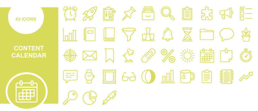 Set of forty three professional outline icons for digital marketing and effective business content calendar management