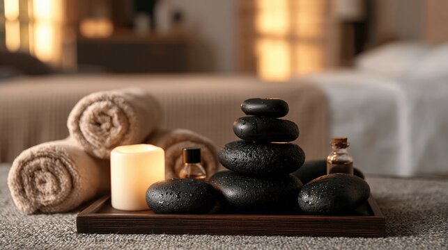 Relaxing spa massage setup with hot stones, rolled towels, and aromatherapy oils for ultimate tranquility