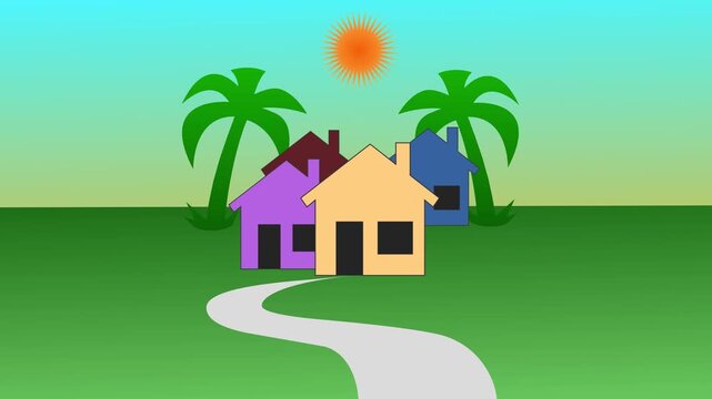 Neighbourhood homes with tree sun simple shape animation