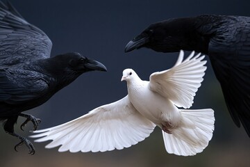 Naklejka premium Symbolic contrast of a white dove flying between two black ravens against a dark background