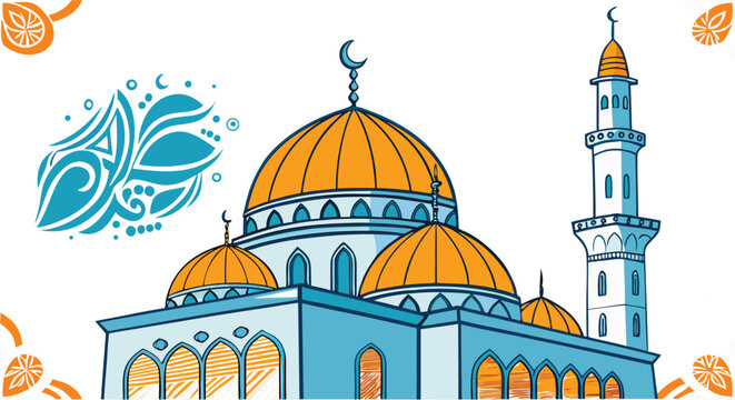 A blue and orange of a mosque with a large dome and a minaret, decorated with intricate islamic patterns and calligraphy motifs