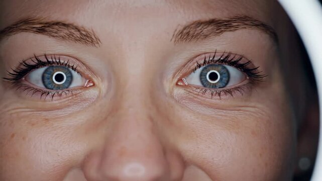 Close Up Portrait of Young Woman Blue Eyes with Ring Light Reflection for Beauty and Makeup Concept