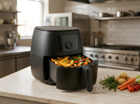 Black air fryer with golden french fries in a modern home kitchen setting