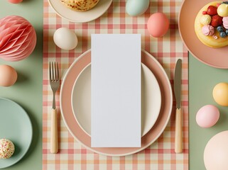 Fototapeta premium Top-down view of a festive Easter brunch table setting with blank menu card, colorful eggs, and sweet treats