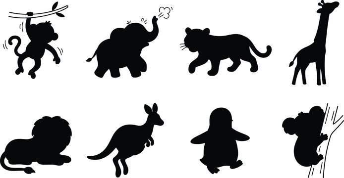 Cute zoo and safari animals silhouettes vector illustration set with monkey elephant tiger giraffe lion kangaroo penguin and koala