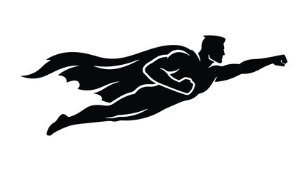 Black silhouette of a flying superhero character wearing a cape and extending a fist with super hero action pose comic character white background strength mystical © Bobita