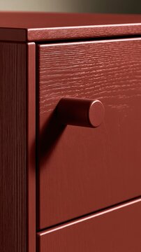 Close-up of a modern red wooden dresser with a minimalist cylindrical handle and visible wood grain texture