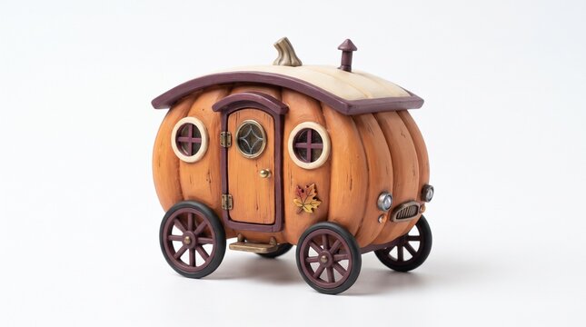 Whimsical pumpkin carriage house on wheels, fairytale orange vegetable wagon, miniature fantasy caravan toy on white background