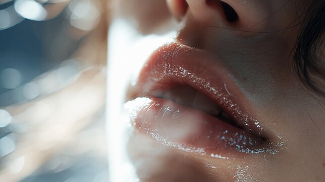 Close up of woman's lips glistening with water droplets, conveying freshness and sensuality