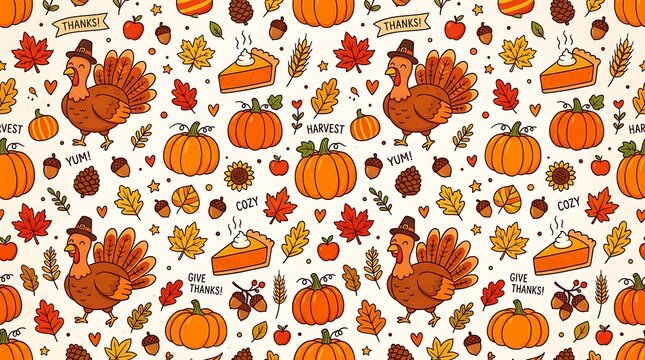 Thanksgiving pattern with turkeys pumpkins and pies