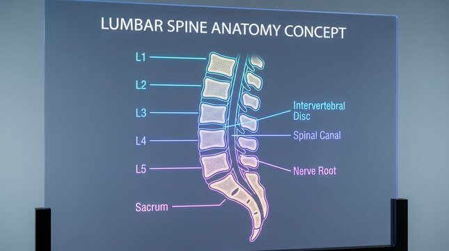 Lumbar spine anatomy diagram showing vertebrae L1 to L5 and spinal cord structure.