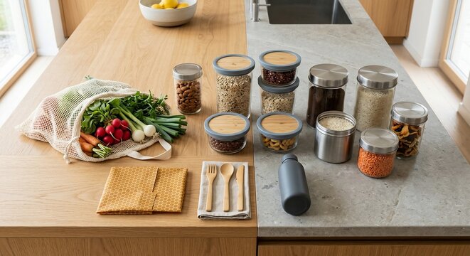 Sustainable kitchen counter featuring reusable glass jars and fresh produce