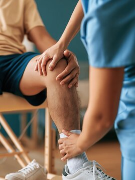 Physical therapist examining patient's knee during rehabilitation session for injury recovery and mobility improvement