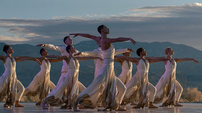 Graceful ensemble of diverse dancers in flowing white attire performing a synchronized ballet routine outdoors