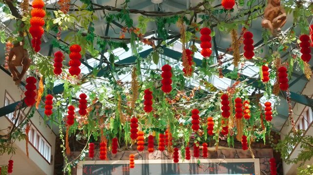 Oriental style decorations on ceiling of mall, festival of Asian culture, China. Trip to Asia, exploring traditions and cultural characteristics of asian region, design of interior in chinese style