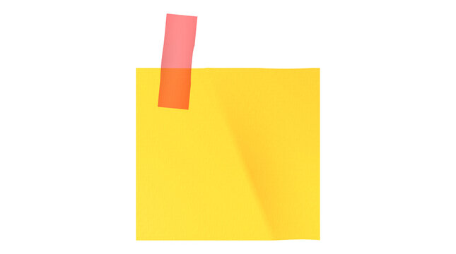 A blank yellow sticky memo pad attached with red adhesive tape symbol of urgent notice, office reminder, and priority task list isolated on transparent PNG background
