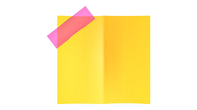 A blank yellow sticky memo paper attached with translucent purple tape symbol of office organizing, task tracking, and reminder notes isolated on transparent PNG background