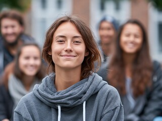 Fototapeta premium Diverse group of smiling young adults and teenagers outdoors, showcasing friendship and community spirit