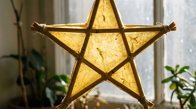 Traditional Filipino Star Parol Christmas Lantern Hanging near Window
