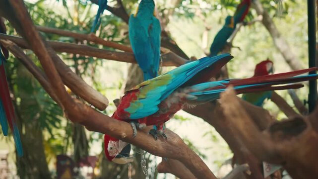 Funny Green-winged macaw sitting on tree in zoo or jungle, birdwatching tour. Group of parrots resting on branches in rainforest, travel worldwide and explore unique nature, walk in tropical garden