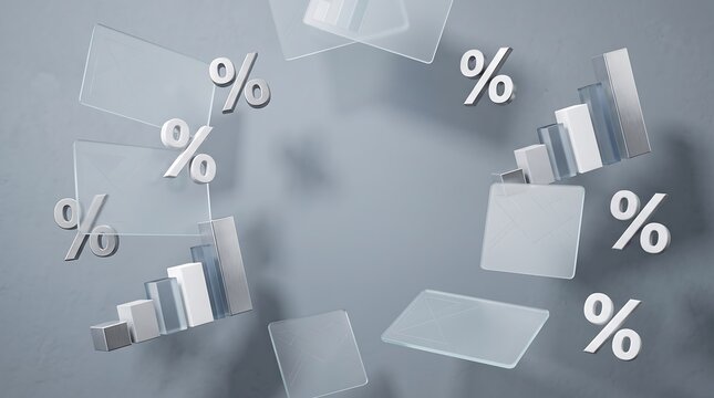 3D financial charts and percentage symbols on gray background