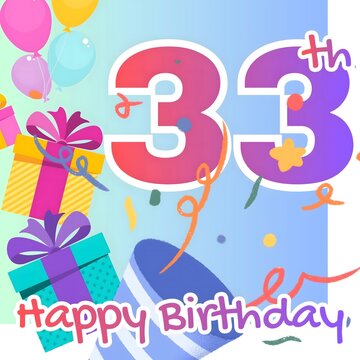 Colorful 33rd Birthday Card with Gifts and Balloons