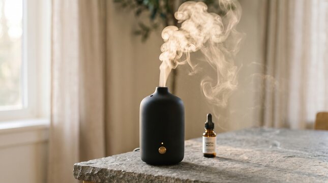 Modern black electric aroma diffuser emitting steam on a stone table.