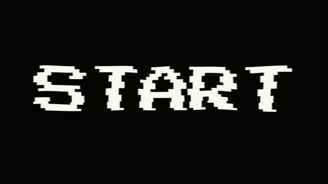 Start text pixel art 8 bit game from vintage arcade computer on black background. Glitch effect