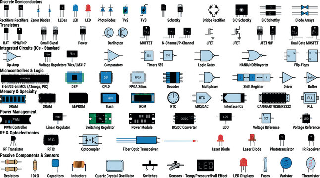 Electronic Component Schematic Symbol Vector Set with Transistors Integrated Circuits Logic Gates Microcontrollers Power Management and Passive Components for Engineering Diagram Designs